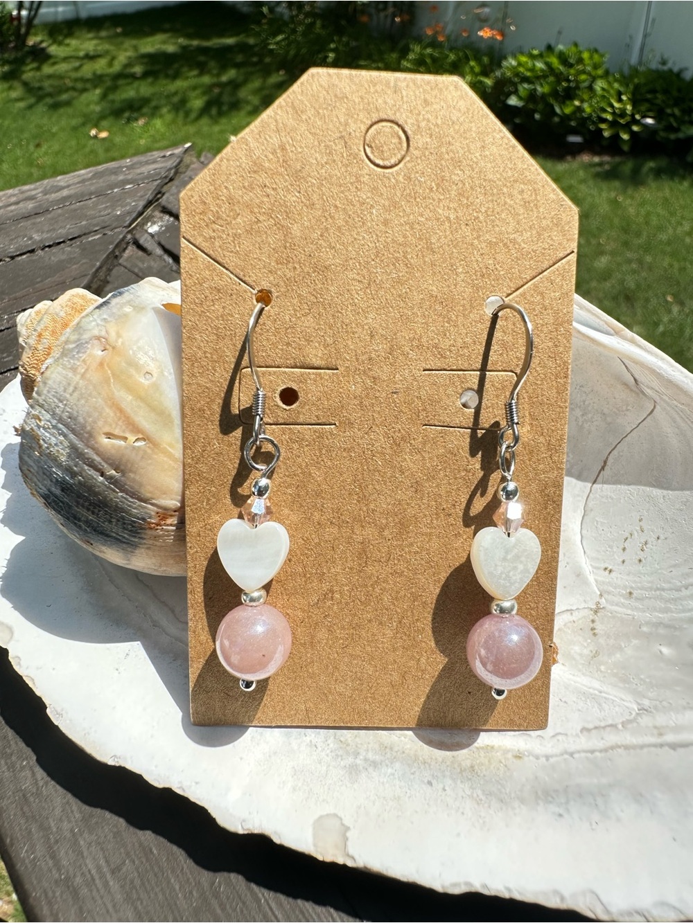 Hand Crafted Pink Sandstone and Mother of Pearl Heart Drop Earrings
